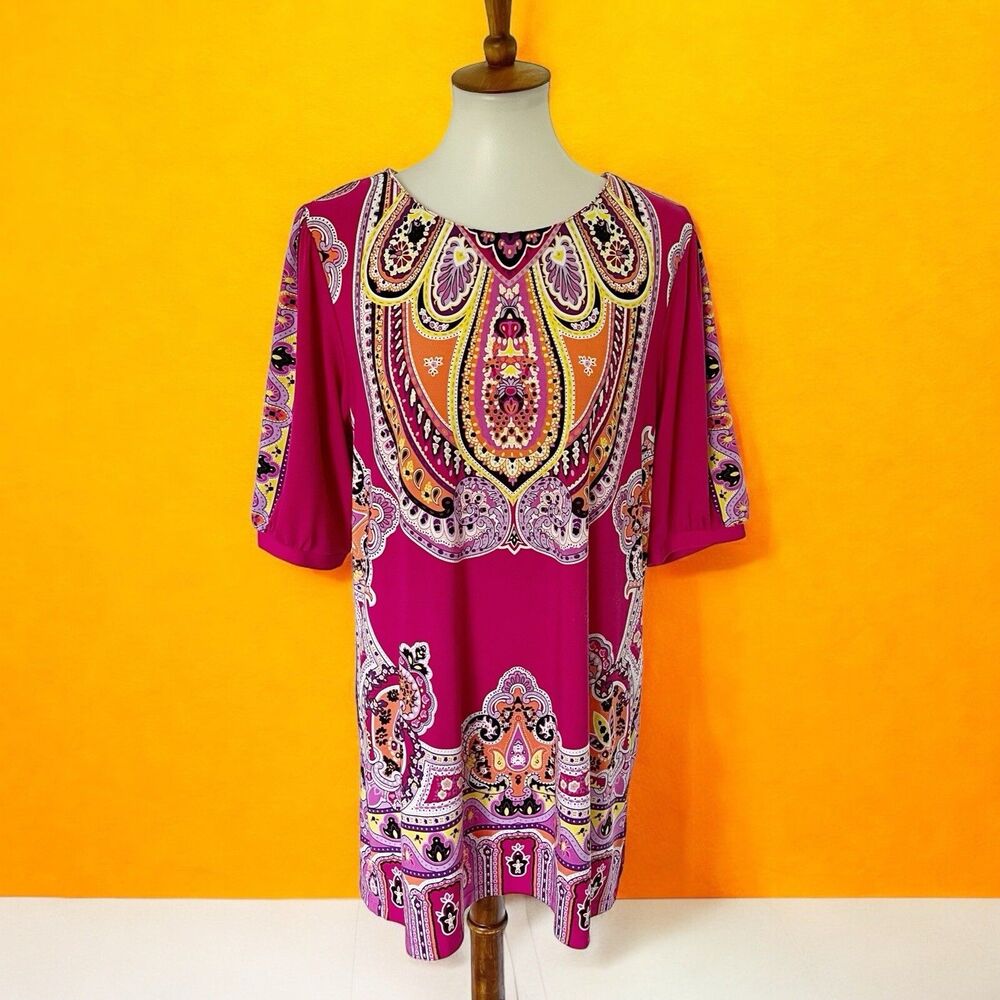 Effortless Style by Citiknits Blouse Top Size L Pink Paisley Colorful Geometric